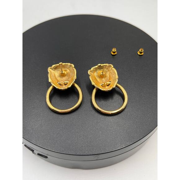 Vintage Lion Head Door Knocker Gold Tone Pierced Dangle Animal Earrings - Picture 4 of 8